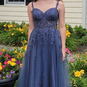 Elegant slate blue gray Gown, tulle, long, gown, prom dress, sparkly